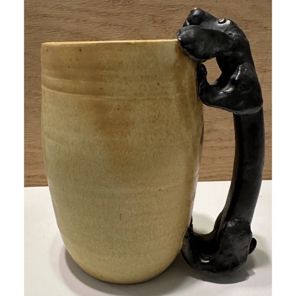 Art Pottery decorative ceramic Coffee mug Tea Cup sculptural black dog handle